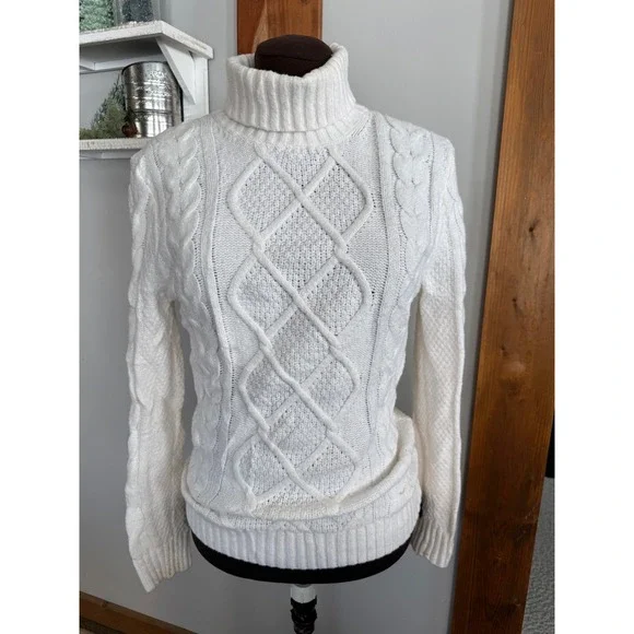 Abercrombie & Fitch Womens Cream Cable Knit Turtleneck Sweater XS White Cotton - Picture 1 of 9